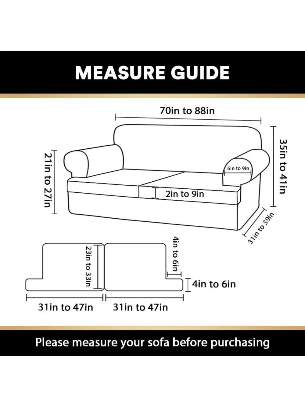 T‑Cushion Sofa Slipcover 3‑Piece Set – Soft Stretch Furniture Cover, Fits 88